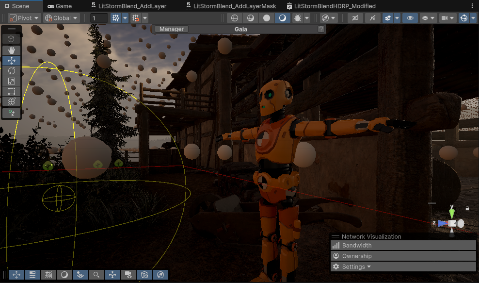 A Photo of A Robot Standing in the Dark with the light casting by GI